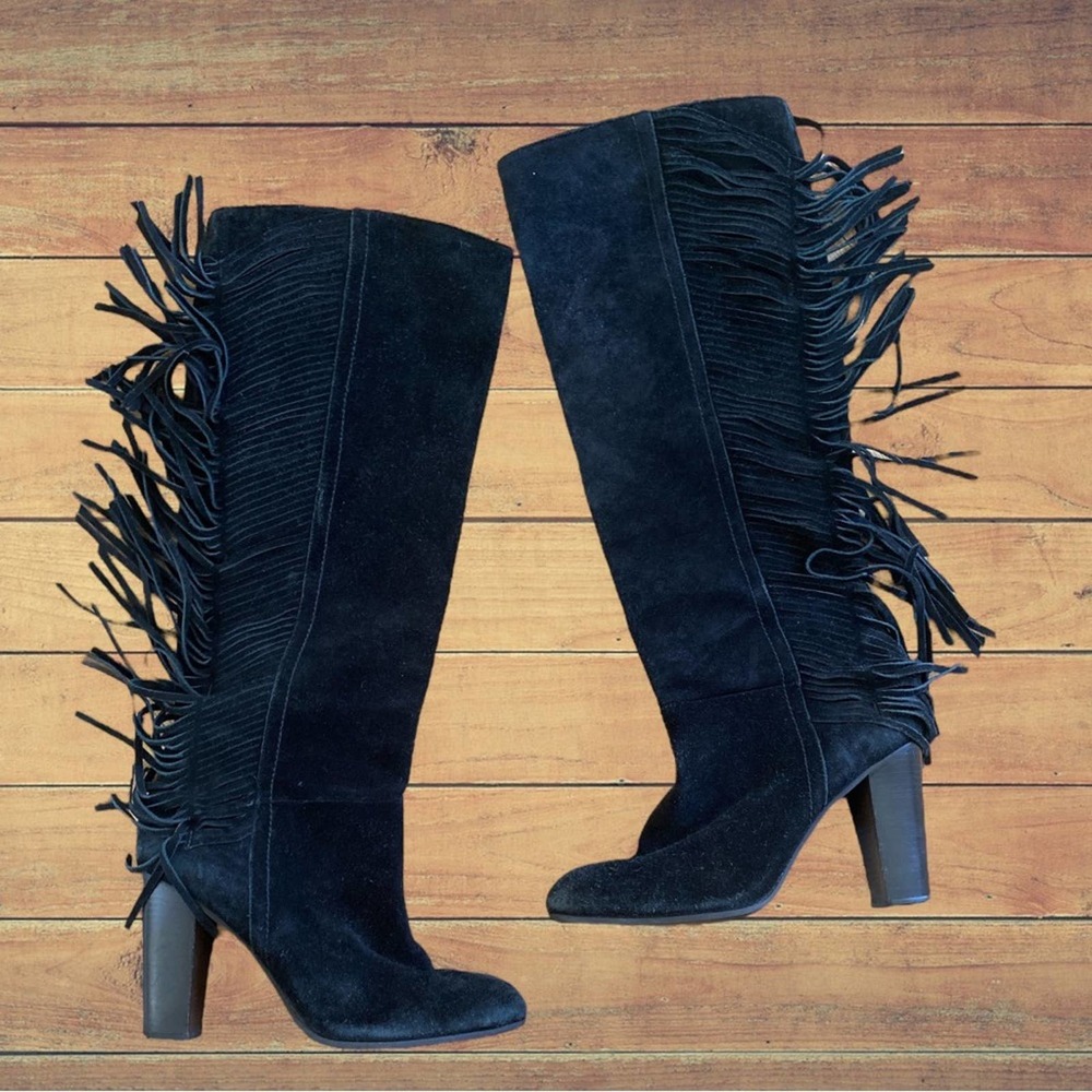 Diane Von Furstenberg Black Suede Fringe Knee Boots